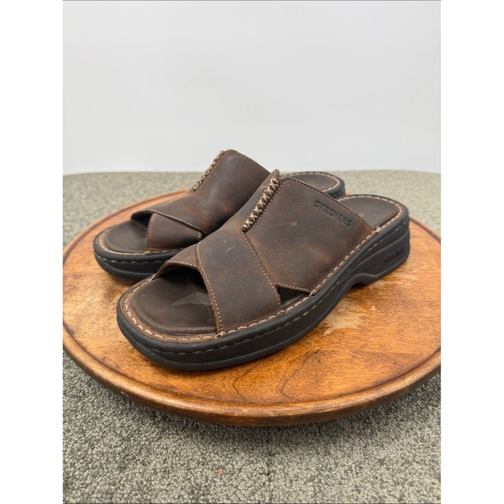 Skechers Sandals Wm 9 Brown Leather Slide Y2K 90s Vintage Chunky Platform
